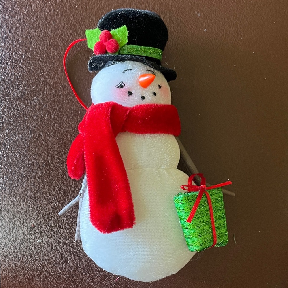 Festive Snowman Ornament with Red Scarf and Green Gift